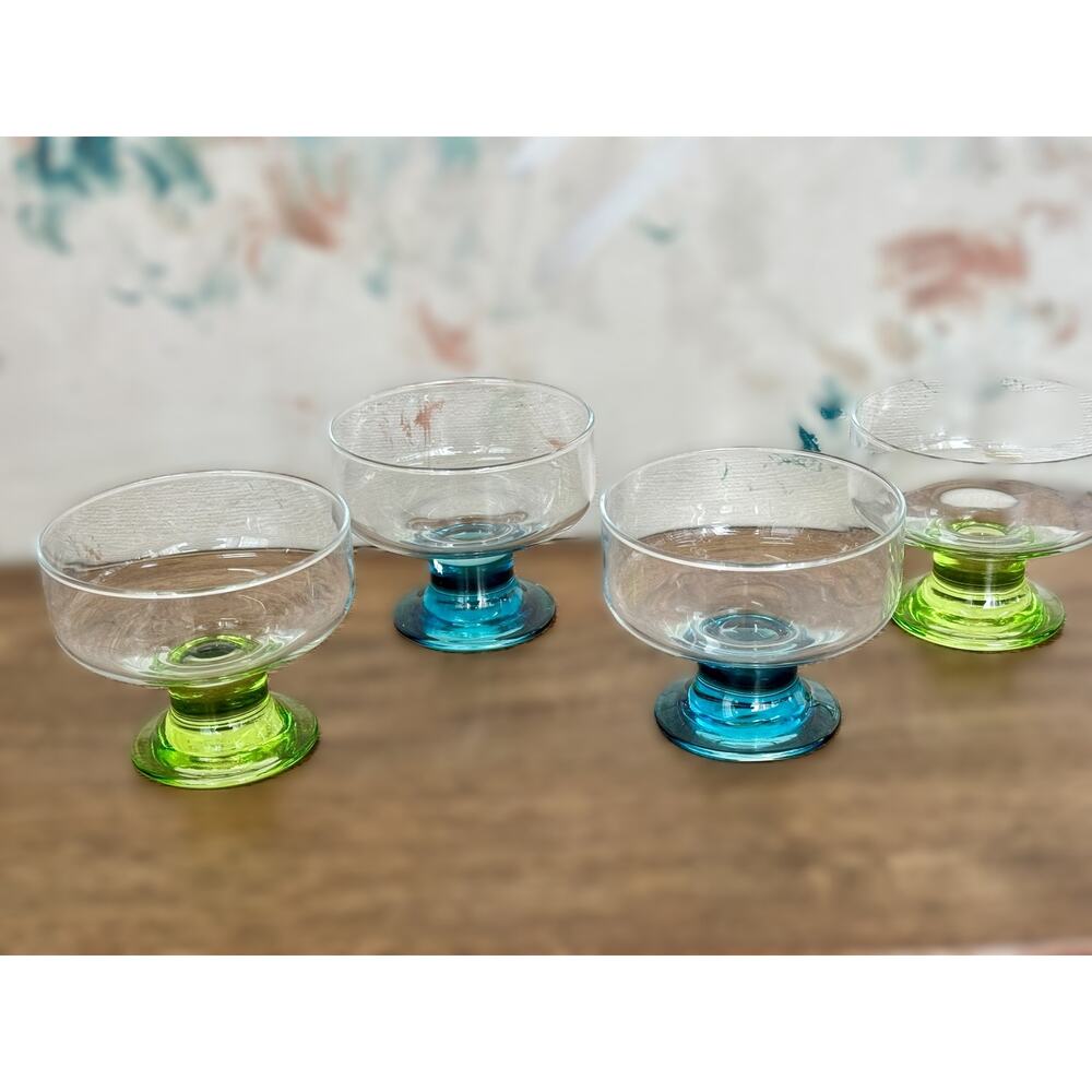 Vintage Color-Stemmed Glass Dessert Coupes – Set of 4 (Green & Blue Stems)